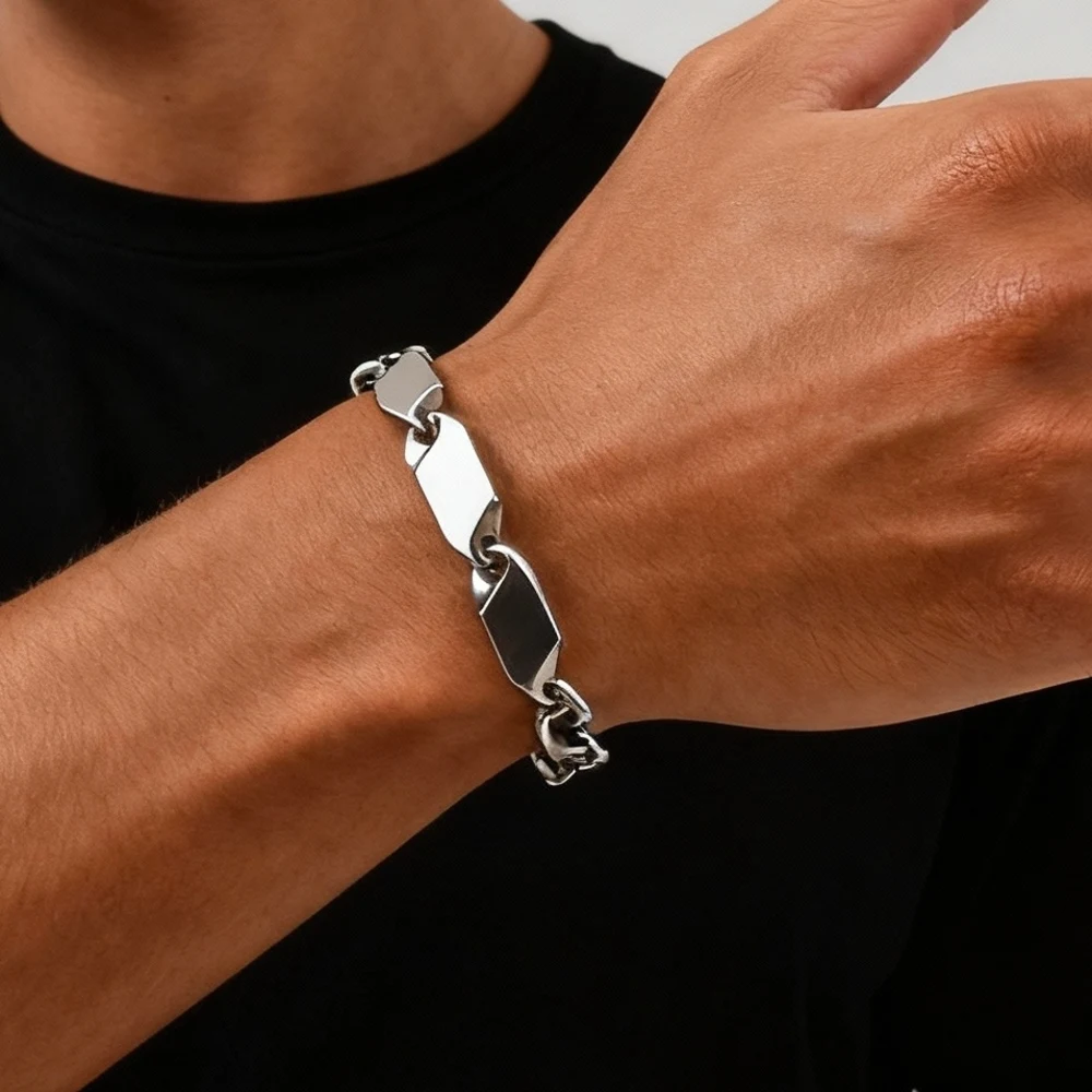 Cooles Punk-Edelstahl-Kettenarmband für Männer, 21 cm silberfarbenes Metallkettenarmband, Hip-Hop-Schmuckgeschenk