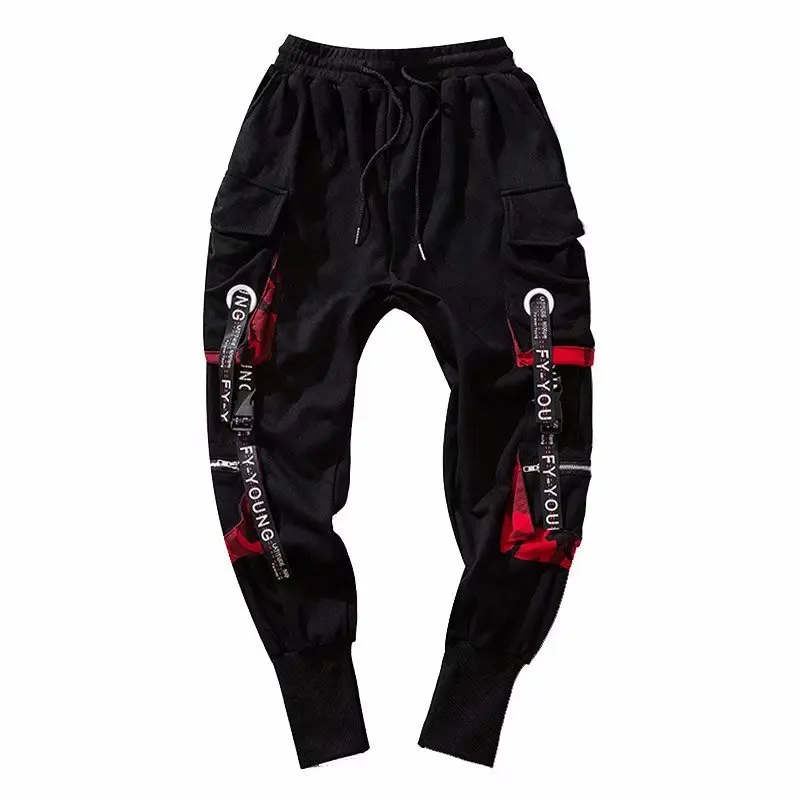 Techwear Ribbons Hip Hop Tactical Cargo Pants Men's Casual Letter Embroidery Streetwear Dance Sport Pencil Pants Male Trousers black cargos Cargo Pants