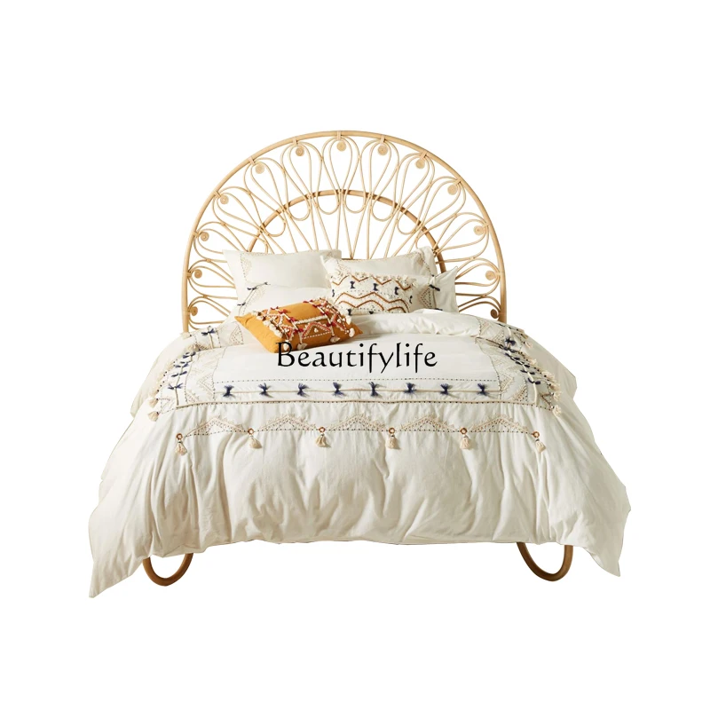 

Nordic Solid Wood Rattan Bed Creative Japanese Bedroom Natural Indonesian Rattan Bed