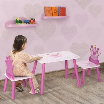 Triple Piece Collection Children's Wood Table Seat with Crown Pattern 1