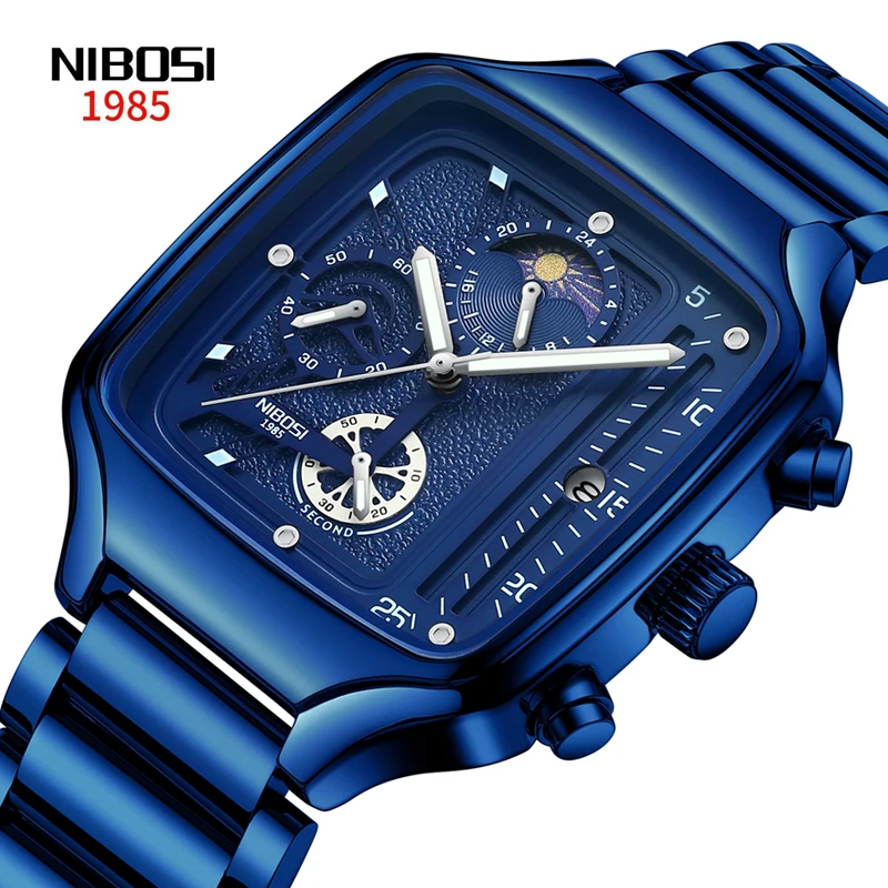 

NIBOSI Brand Fashion Square Quartz Watch for Men Stainless Steel Waterproof Luxury Chronograph Watches Mens Relogio Masculino