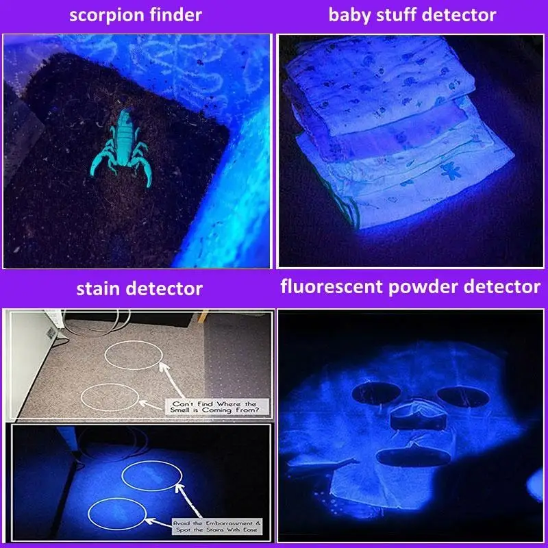 UV Flashlight Rechargeable LED UV Flashlight Ultraviolet Torch Zoomable Mini 395nm UV Black Light Pet Urine Stains Detector Scorpion Hunting
