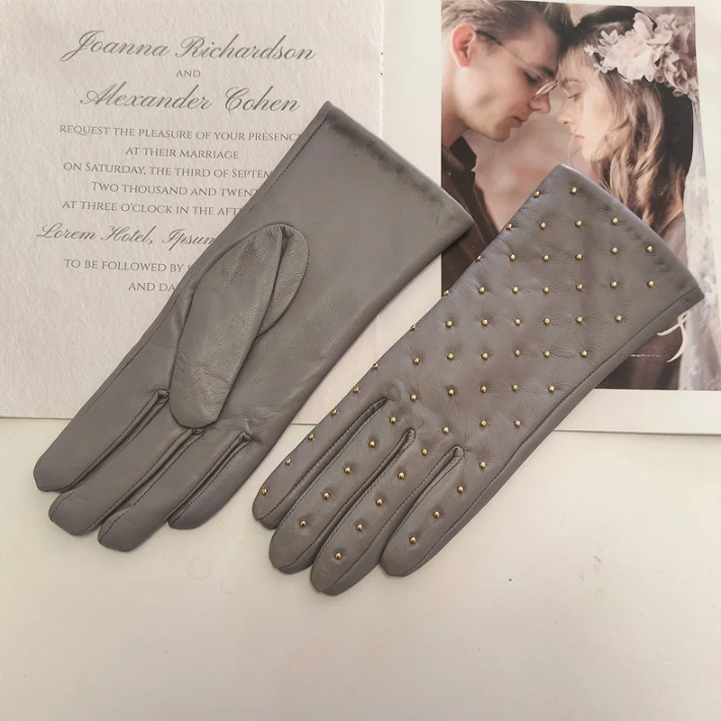 New winter women's sheepskin gloves with touch screen and warm velvet rivet style genuine leather gloves