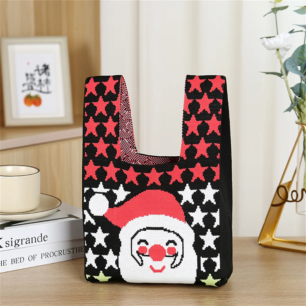 Christmas Theme Knitted Bag Fashion Handbag Christmas Santa Snowman Elk Pattern Gift Bag Casual Hundred Tote Shopping Bags