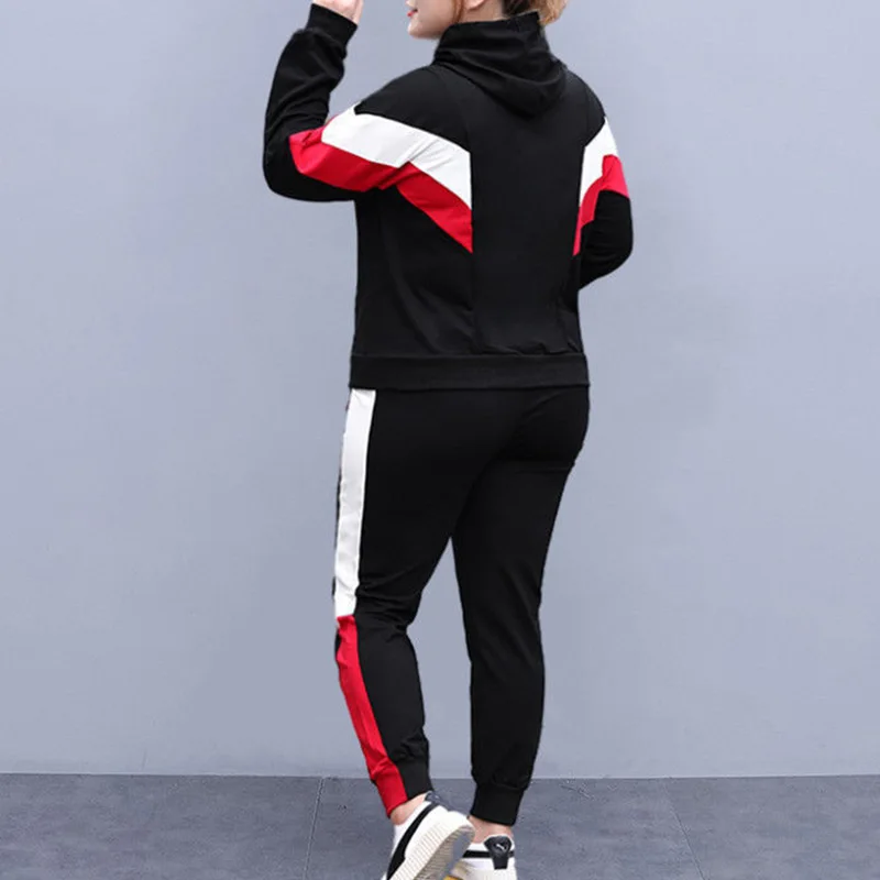 Plus Size Fashion Hooded Contrast Color Drawstring Long Sleeve Top Elastic Waist Label Loose Pants Casual Sports Two Pieces Sets