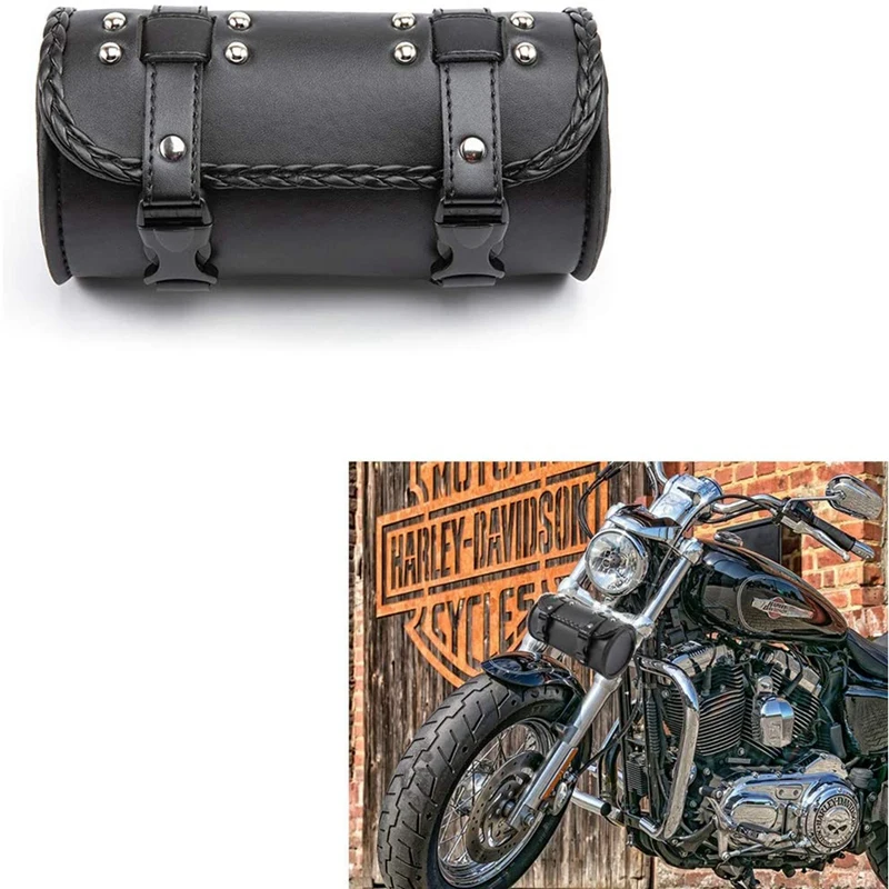 

Motorcycle Fork Bag PU Leather Bicycle Handlebar Tool Pouch Sissy Bar Roll Storage Bag Saddle Bag, Universal