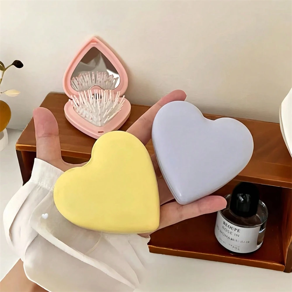 하트 모양 헤어 브러쉬 (거울 포함) 2-in-1 부드러운 브러쉬 모발 두피 마사지 접이식 브러쉬 에어 쿠션 빗 헤어 스타일링 도구