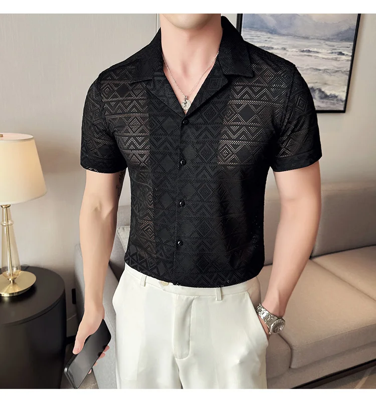 Spring/Summer Short Sleeved Shirt for Men Tailored Collar Lace Shirt Fashion Nightclub Social Party Tuxedo Blouse Streetwear