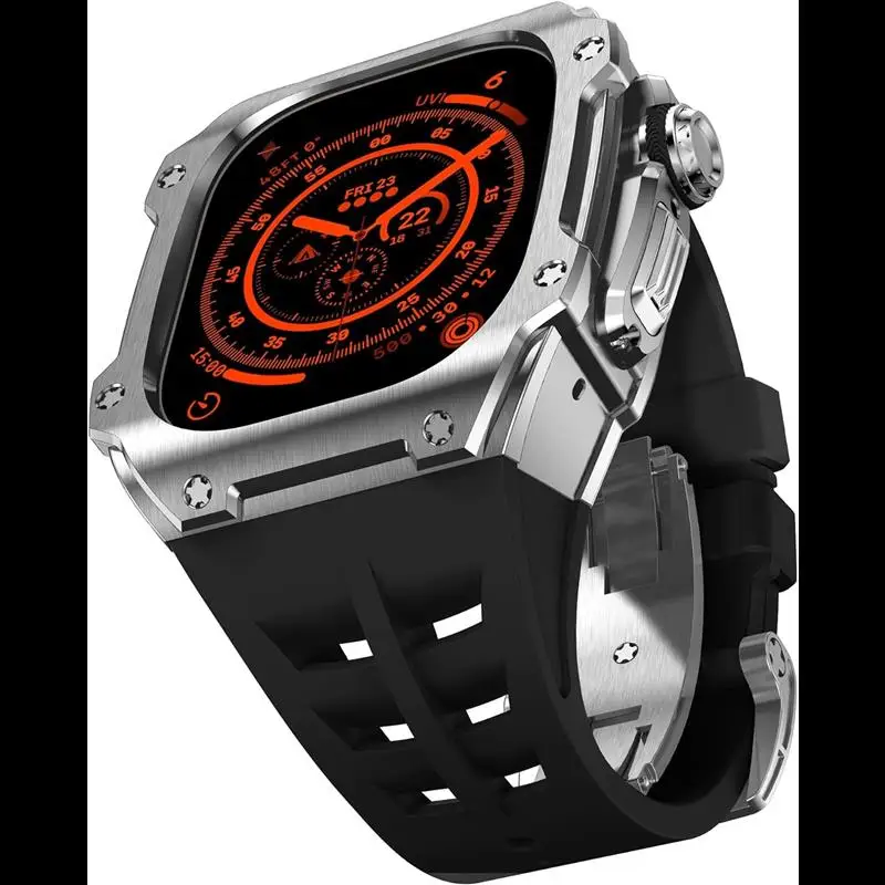 SCHIK Stainless Steel Watch Case Rubber Band,For Apple Watch Series Ultra 2 49mm Replacement,Metal Bezel Watch Case Straps