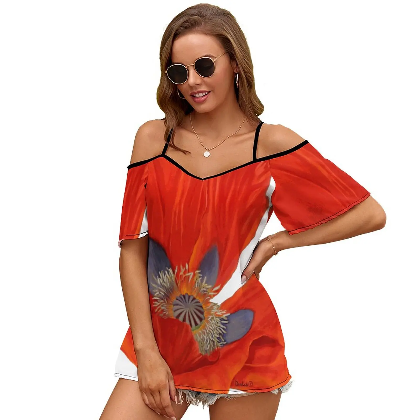 Orange Poppy By Dianna Derhak Print O-Neck Off-The-Shoulder Top Short-Sleeved T-Shirt Ladies Streetwear Orange Orange Poppy