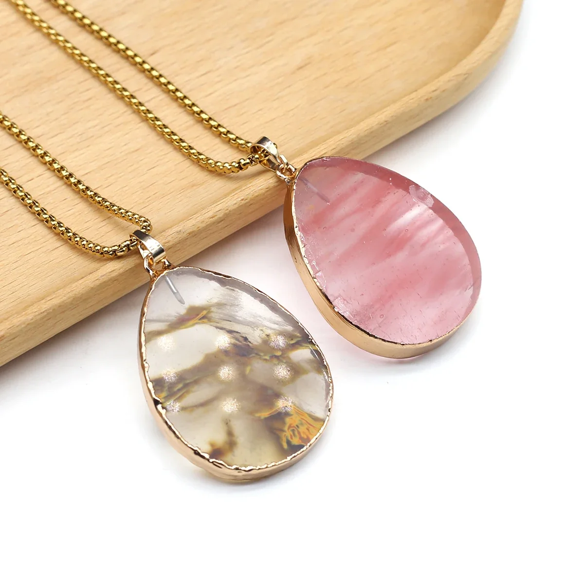 5PCS Wholesale Natural Stone Red/Yellow Quartz Rutilated Droplet Shape Necklace Pendant Exquisite Jewelry Accessories Gift