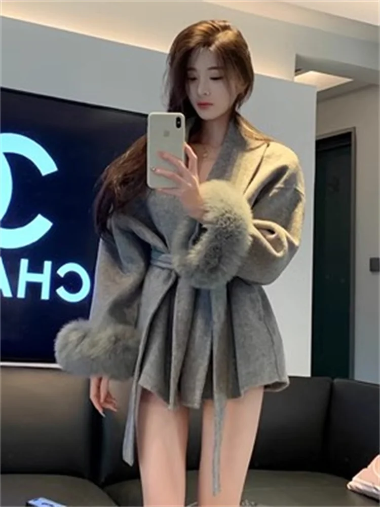 그레이 타이 허리 컬렉션 모직 코트 여성 가을, 겨울 2025 새로운 긴 소매 느슨한 하이 엔드 케이프 코트 중간 길이 탑