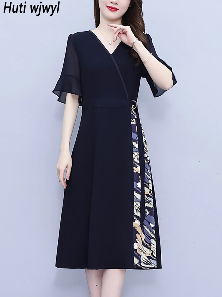 

Black Patchwork Print Elegant Midi Dress for Women Summer Elegant V-Neck Casual Party Dress 2024 Vintage Luxury Hepburn Vestidos