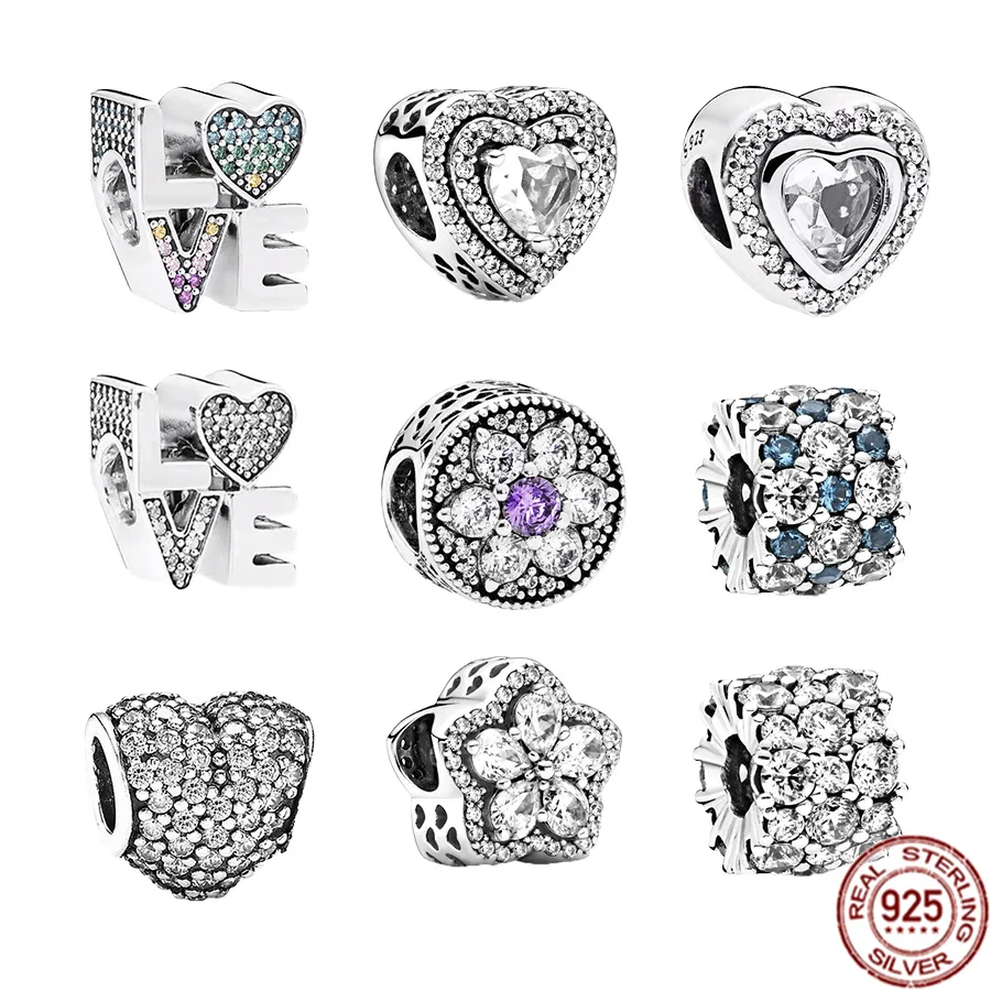 

Hot Sale 925 Sterling Silver Sparkling Leveled Hearts & Snowflake Pavé Charm Bead Fit Original Pandora Bracelet DIY Jewelry Gift