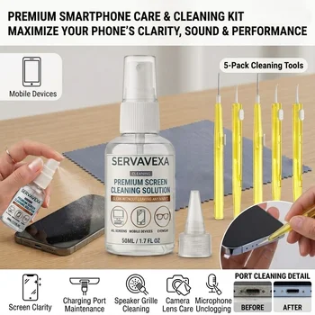 Kit Spray Detergente Schermo 7-in-1 con 5 Spazzole e Panno in Microfibra per Rimozione Polvere per Telefono, Laptop, Tastiera, Monitor, Tablet, Fotocamera