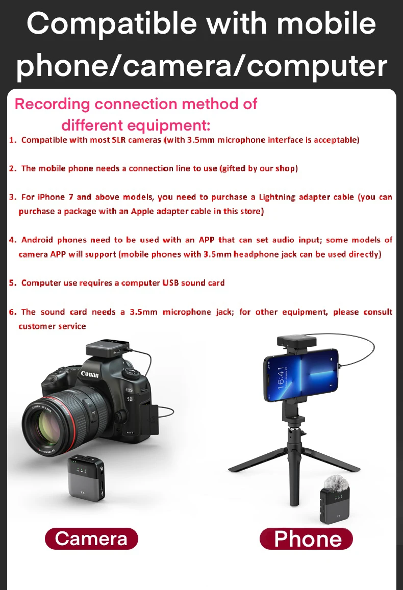 Portable Wireless Lavalier Microphone Transmitter and Receiver for Phone DSLR Camera Smartphone 2.4GHz Wireless Mic