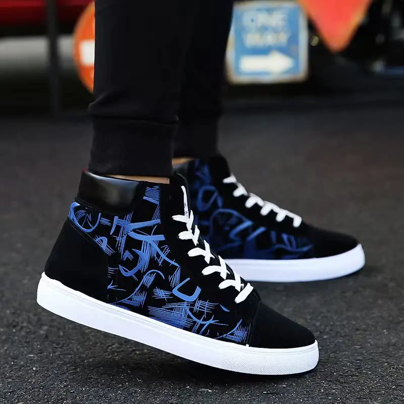 Men's High Top Shoes Breathable Sneakers Boys Winter Footwear Color Block Pattern round Toe Sport Casual Rubber Outsole - 3