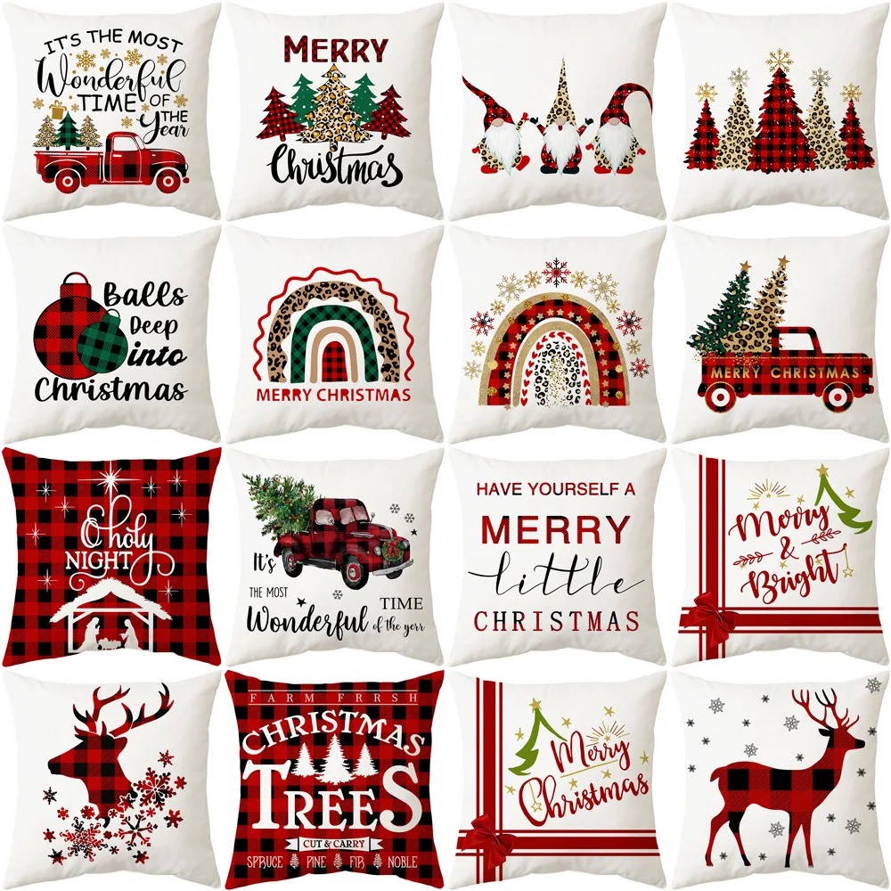 

Christmas Pillow Cover Reindeer Text Plaid Home Decor Cushion Cover Christmas Printed Linen Snowflake Pillow Cover Dwarf F223