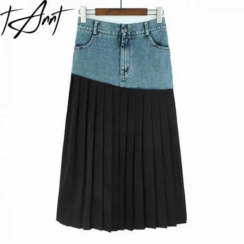 

Tannt Women Skirt Patchwork Irregular Pleats Skirts Asymmetry Color Matching High Waist Autumn Winter Long Denim Skirts 2023