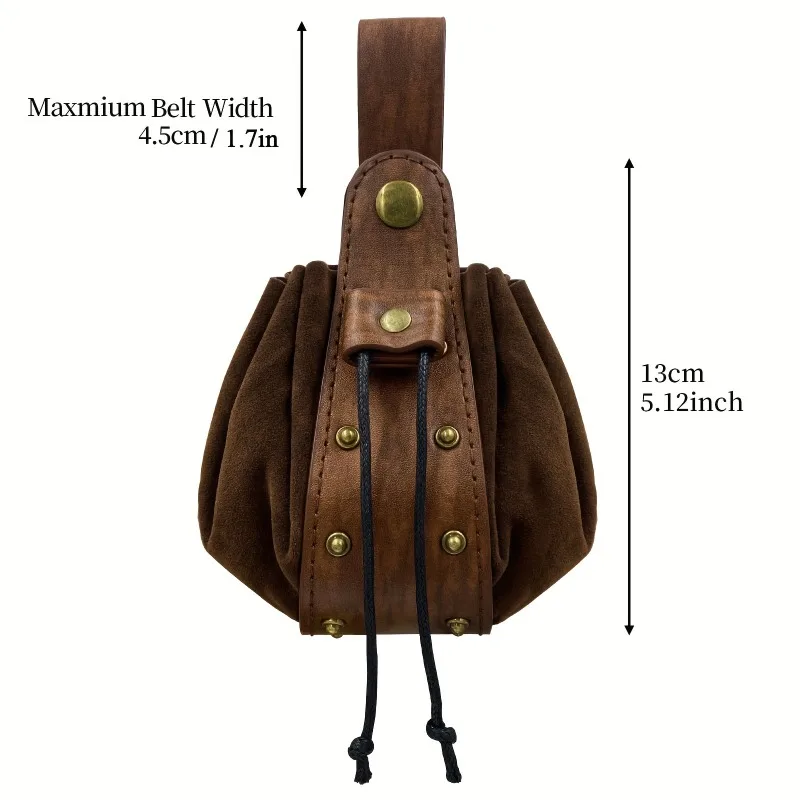1 Stück Vintage Mittelalterlicher Wikinger-Nietenbeutel mit Kordelzug - Kunstleder-Münzbörse, Leicht & Faltbar, mit Metallakzenten – Detail 1