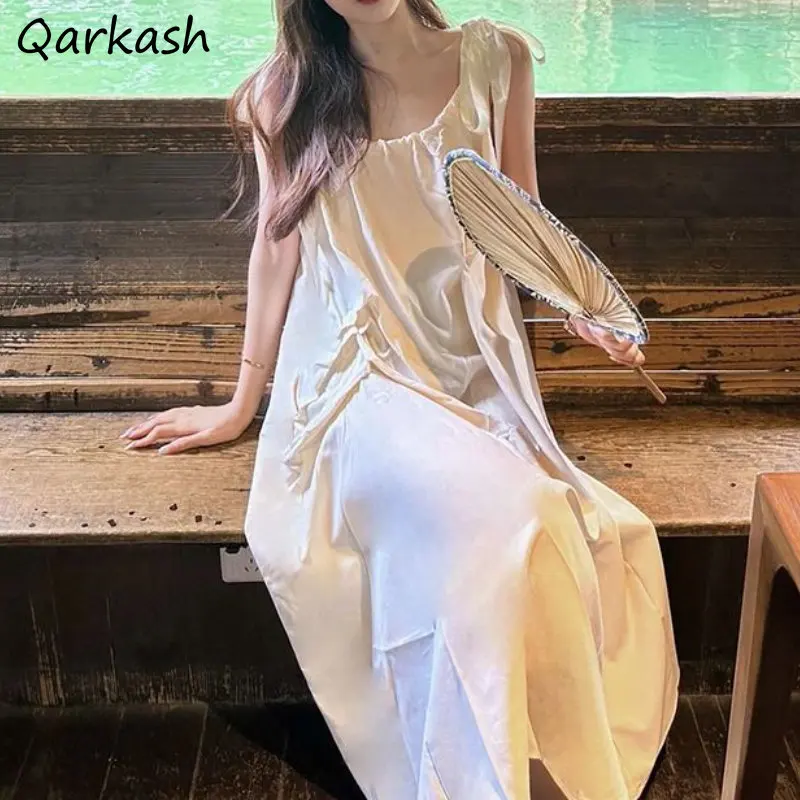 

French Style Spaghetti Dress Women Midi Backless Baggy Simple Aesthetic Summer Clothing Vacation Minority Casual Ulzzang Mujer