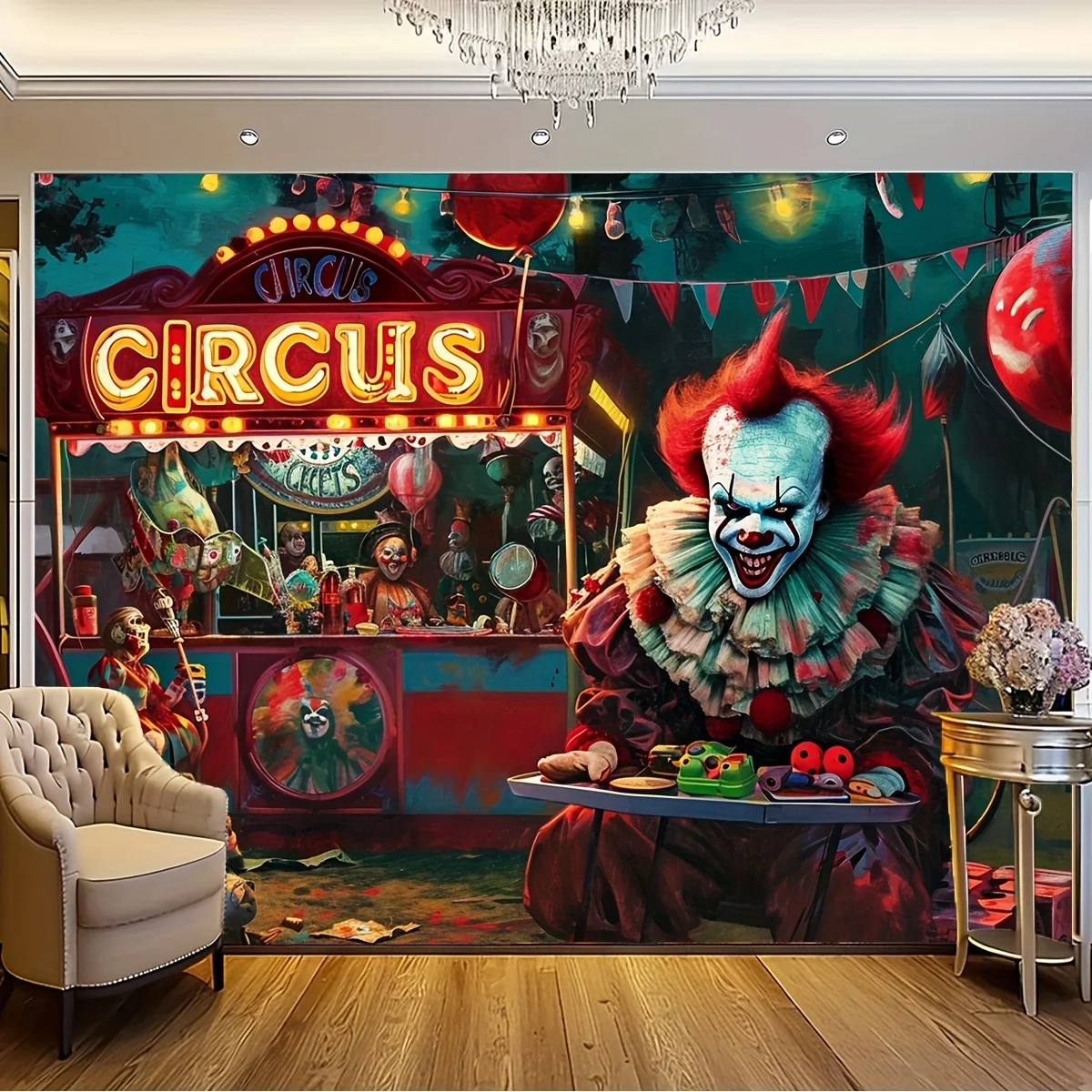 1 Person beängstigend Clown Karneval-Wirbelsäule Kribbeln bösen Zirkus Hintergrund Spukhaus dekoriert Banner für zu Hause