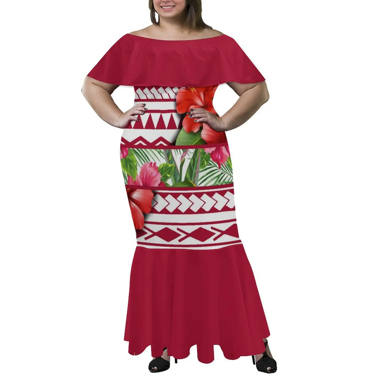 

Women'S One-Shoulder Dress Samoan Traditional Dress Hawaiian Floral Party Fishtail Dress Polynesian Tribe Design Free Shipping