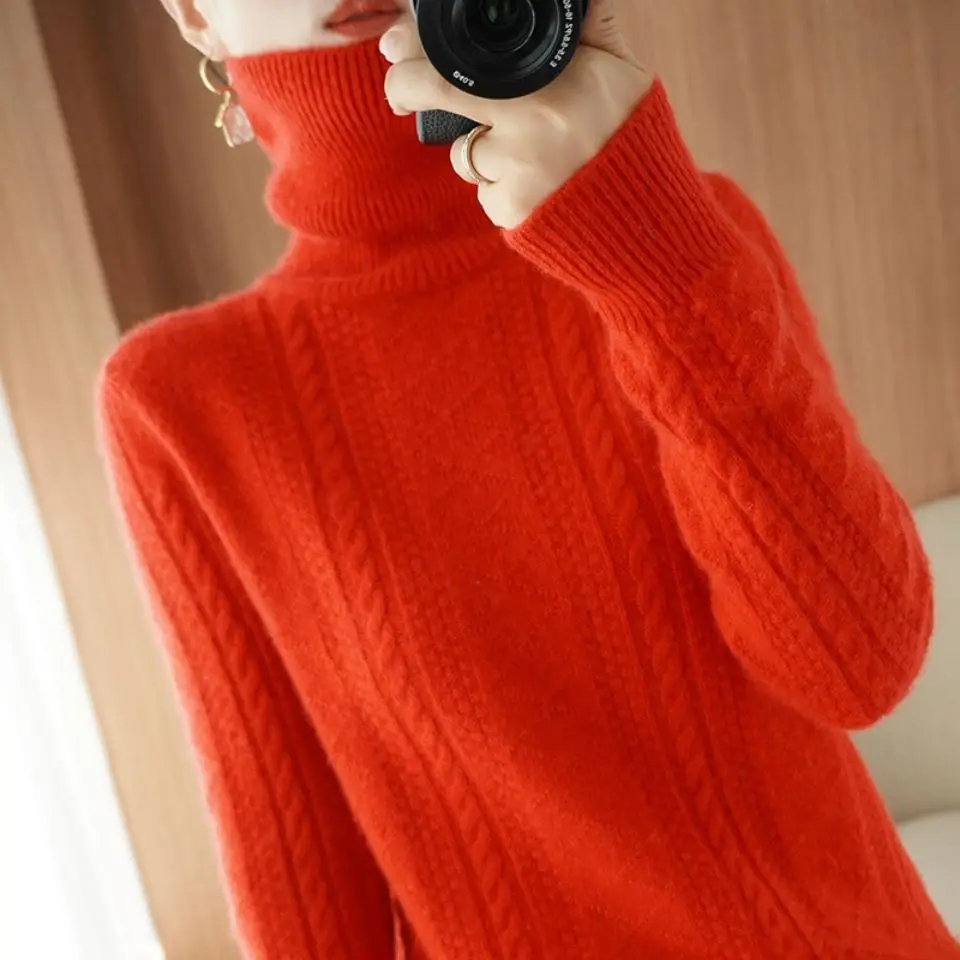 

Spring Autumn Winter Female Blouse Women's Solid Casual Simple Soft Pullover Turtleneck Warm Slim Knitted Velvet Sweater D106