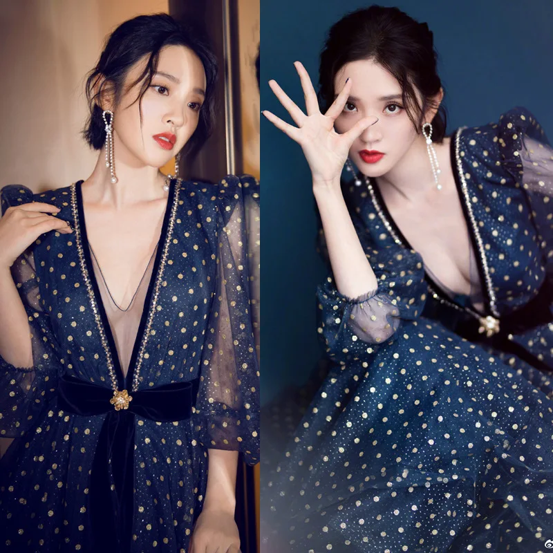 

Women Elegant Mesh Long Lantern Sleeve Sexy V Neck Polka Dot A-Line Sweet Ladies Party Maxi Dresses Vestidos