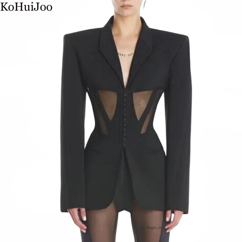 Kohuijoo Autumn Fashion Show Ladies Blazers 2023 Sexy Mesh Patchwork Perspective Slim Long Sleeve Black Suit Jacket Women Coat