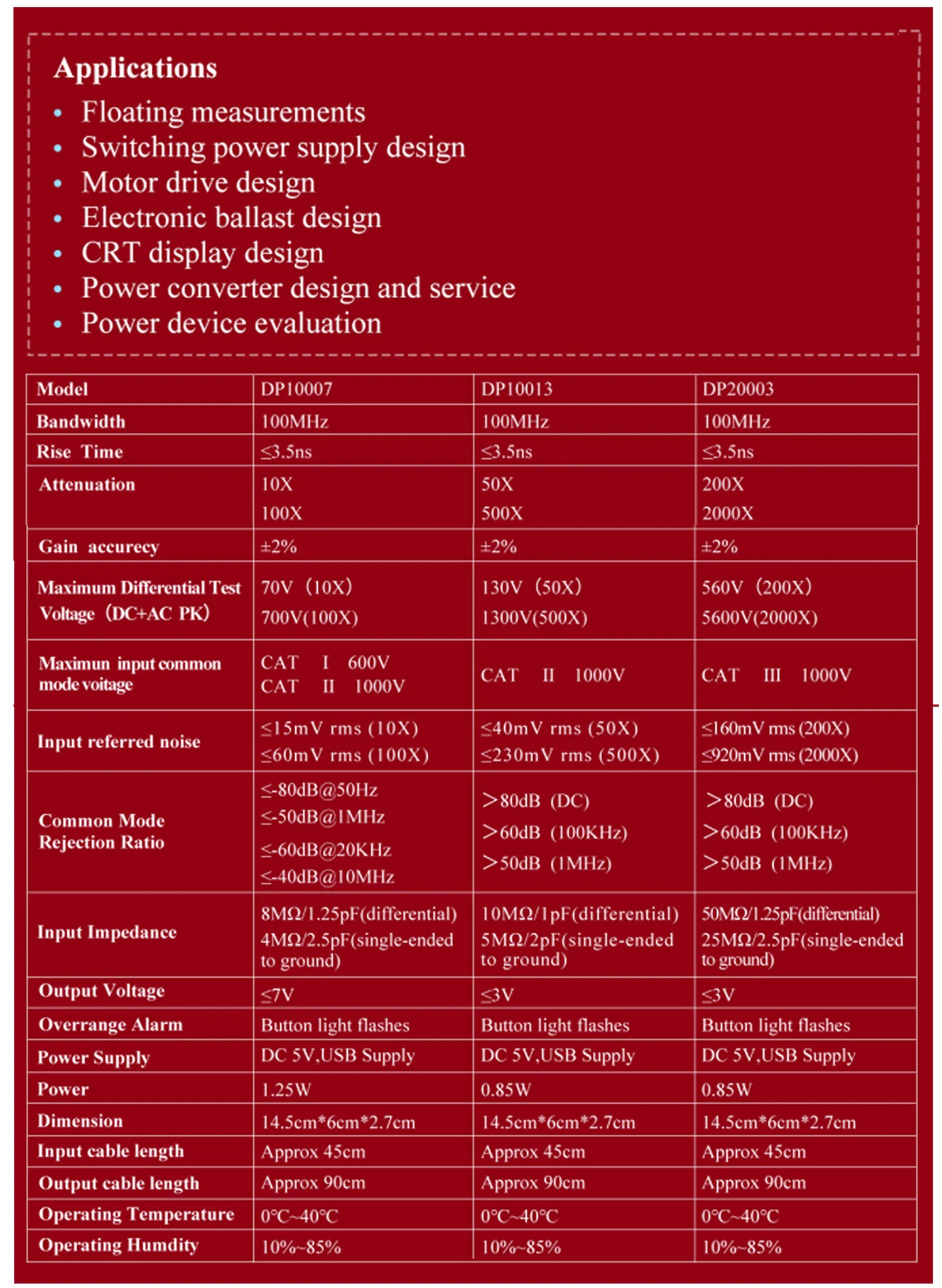 Description Picture 2 of itemHigh Voltage Differential Probe Kit, DP10007 Oscilloscope Probe, 100MHz, 700V, 10X, 100X Attenuation Rate, High Quality