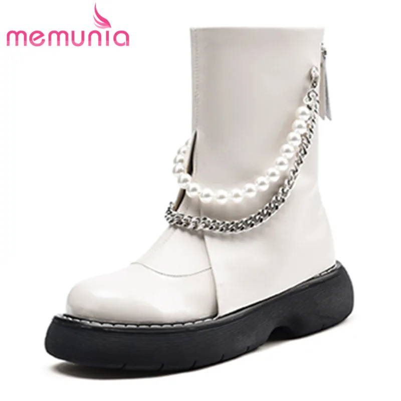 

MEMUNIA 2023 New Size 34-40 String Bead Ankle Boots Genuine Leather Winter Boots Woman Platform Solid Ladies Shoes