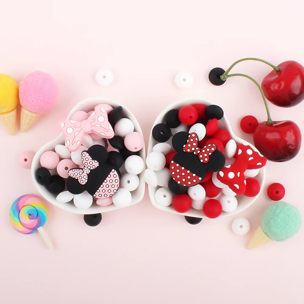 40Pcs/Set Cartoon Silicone Beads Round Lentil Mouse Shape Beads Sets for DIY Pacifier Clips Chain Necklace Accessories Toys