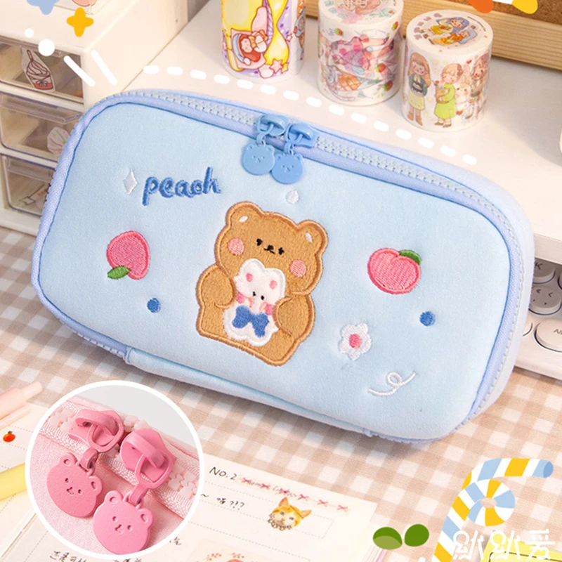 Kawaii Pencil Case Girls Cartoon Embroidery Soft Large School Pencil Bags  for Student Ins Fashion Cute Stationery Storage Bags