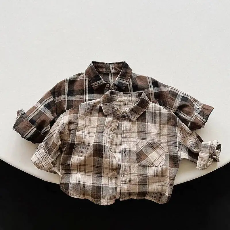 Baumwolle Plaid Taschen knopf 2023 Frühling Herbst neue Kinder hemden Junge lässig Langarm Tops Kinder tragen Kleinkind Kleidung für 1-8y – Detail 2