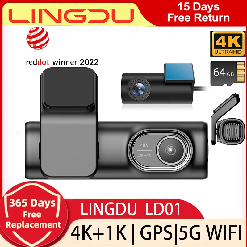 Lingdu Ld01 4K Dash Cam Anteriore 4K/2.5K E Posteriore 1080P Dual Dash Camera Per Auto Loop Recordin 24 Ore Modalità Di Parcheggio Controllo Vocale