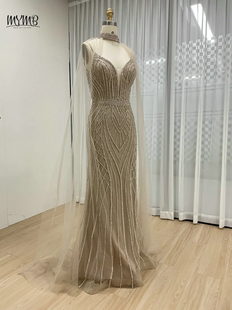 MYMB Champagner-V-Ausschnitt, Cape-Ärmel, 2-teiliges Set, Abendkleider für Damen, Party, atemberaubende Slip-Perlen-Kleider für Hochzeitsgäste MB40290 – Detail 9