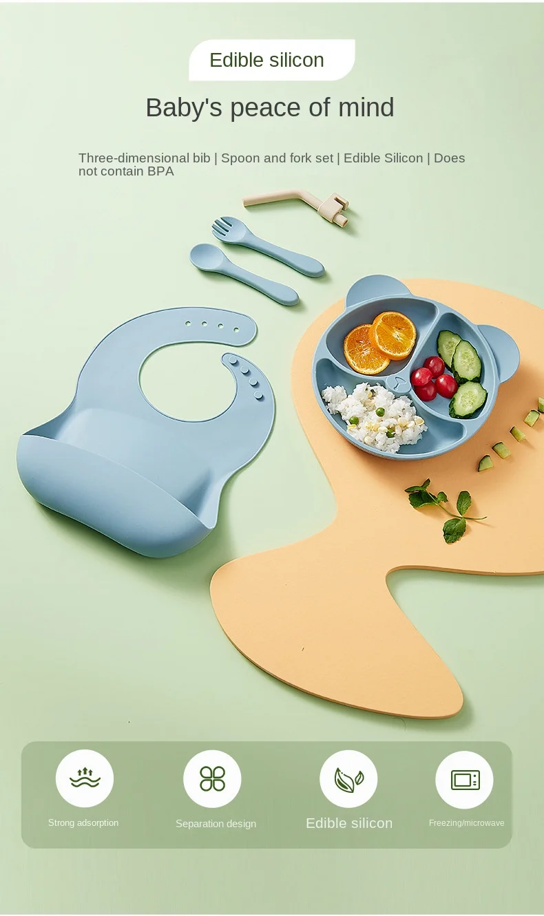 Description Picture 4 of item4PCS Baby Silicone Divided Plate Set Children's Bear FacePlate With Suction Waterproof Bibs Spoon Fork For Feeding Tableware Set