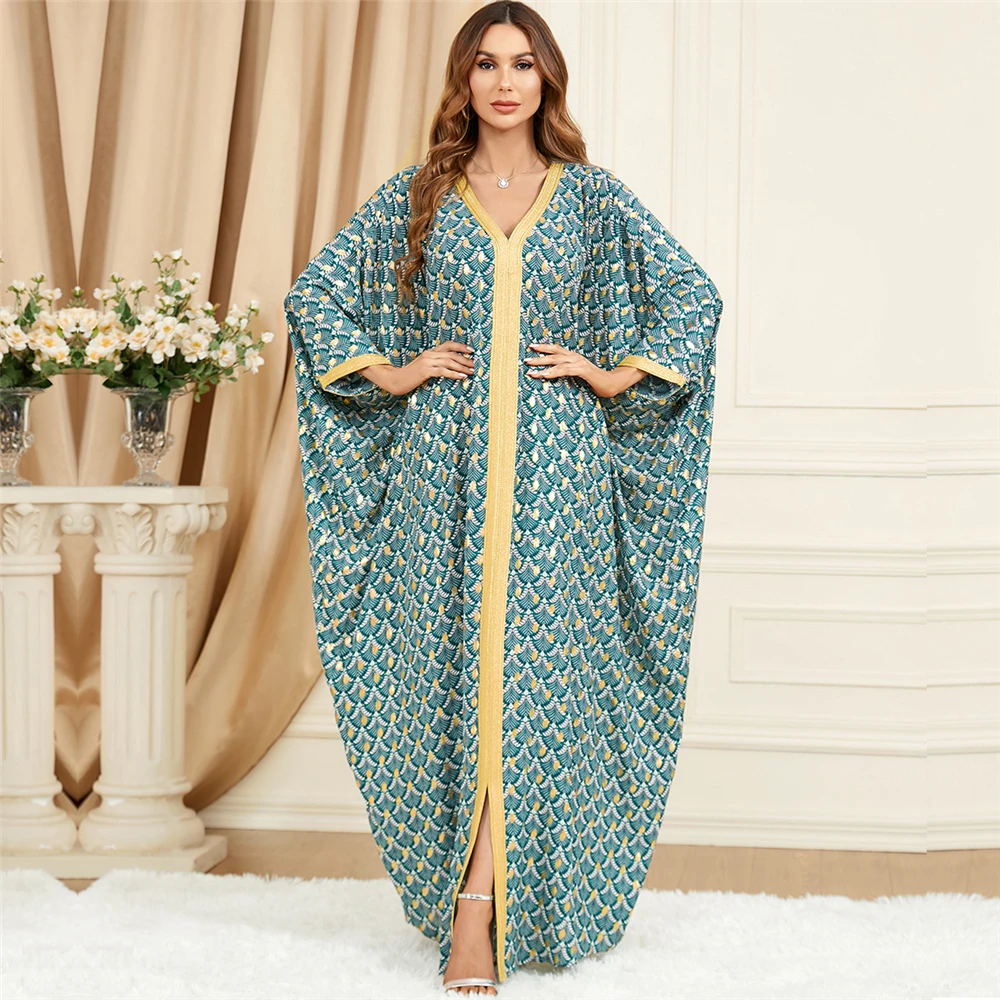 

2024 Muslim Women Casual Print Abayas Eid Mubarak Bat Sleeve Maxi Dress Turkey Kaftan Arab Dubai Islam Gown Jalabiya Caftan Robe