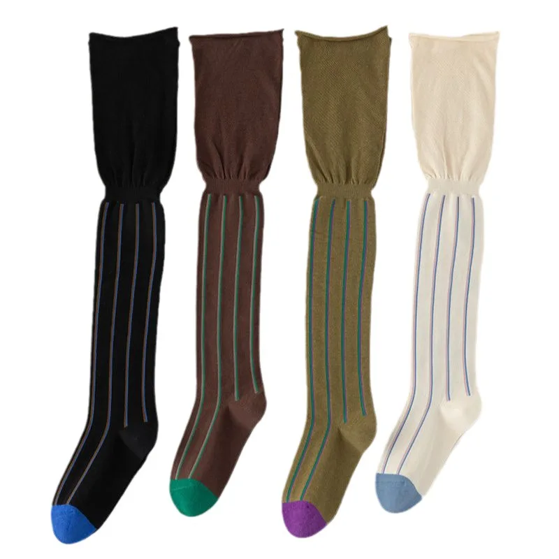 Women Socks Loose Mouth Vertical Stripe Stockings Knee-high Stitching Slimming Piled Women's Socks Fashion Autumn And Winter 1pair
