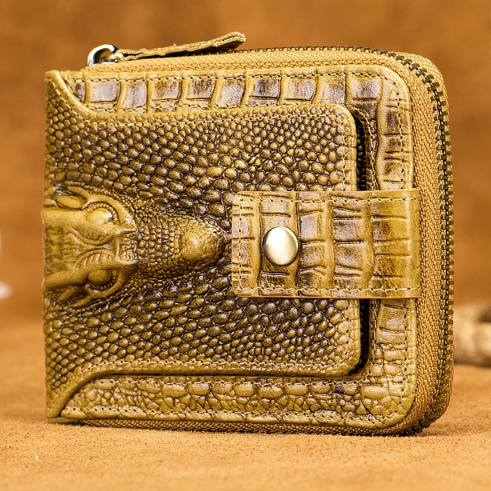 Men's Crocodile Embossed Leather RFID Blocking Bifold Wallet - Tan, 8 Card Slots, Zippered, Gift Ready - View #7