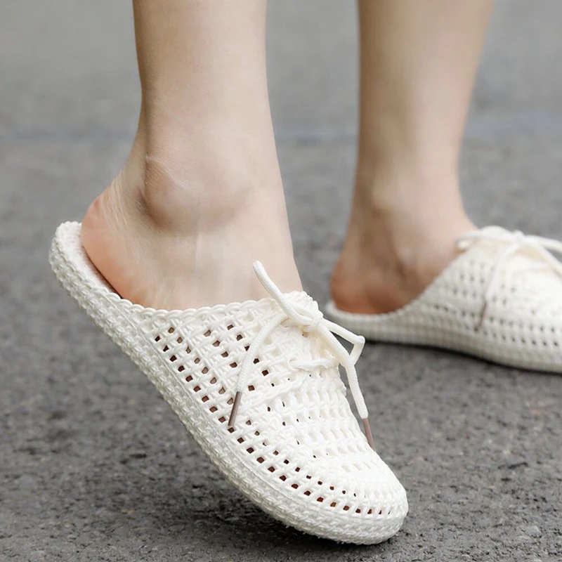 Women Sandals Summer Slide Korean Style Knitted Flat Slingback Outdoor Flip Flop Daily Walking