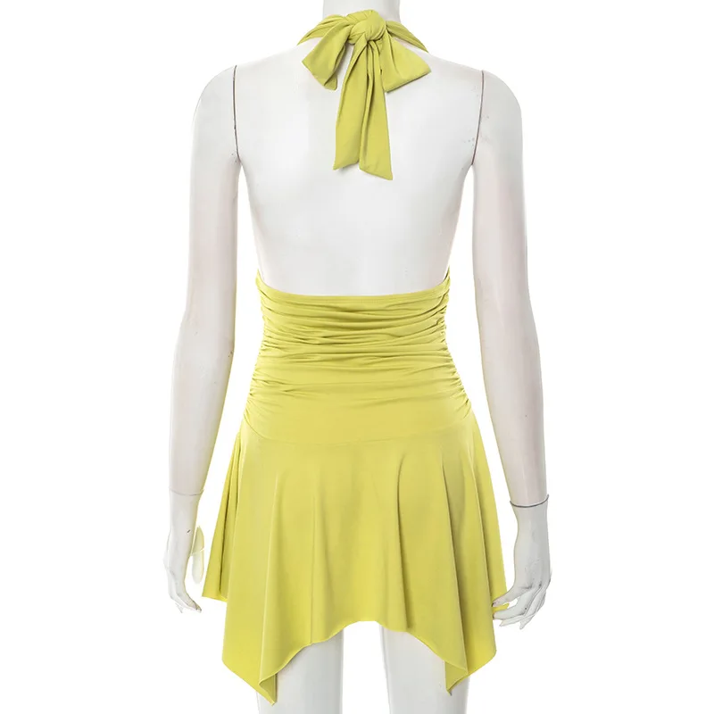 Spring and Summer New Women's V-neck Halterneck Lace-up Dress Solid Color Elegant Backless Pleated Sexy Fashion Slim Beach Skirt