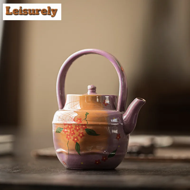150ml Powder Yin Lilac Purple Hand Drawn Flower Lifting Handle Teapot Japanese Tea Infuser Pot Tea Maker Kettle With Filter Gift