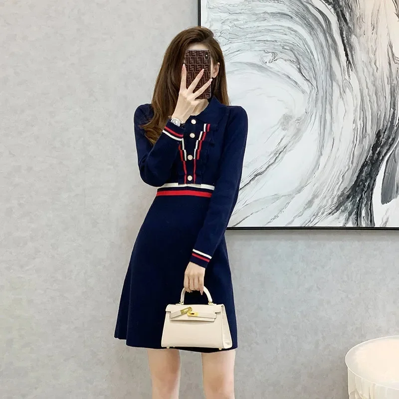 2025 New Women's Light Wind Temperament Popular Splicing Knit Sweater Female Autumn Medium Length Style Slim Dress jumper Women