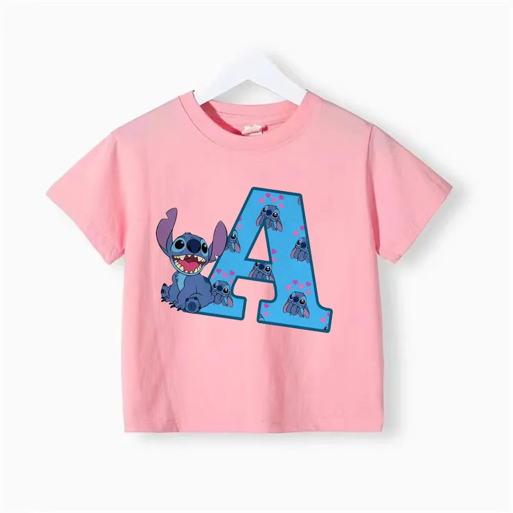 

Stitch Letter A-Z Cotton Children's T-shirt Name Combination T-shirt Cartoon Kawaii Children's Casual Wear Girls and Boys Top