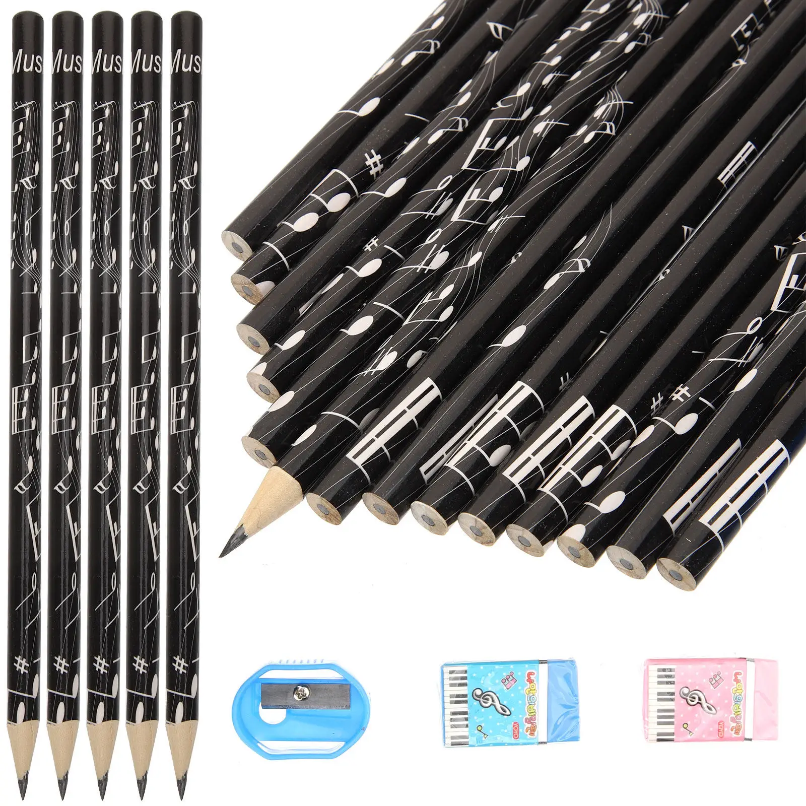 36Pcs 창의적인 음악 연필 지우개가 있는 연필 학교 저널 쓰기 스케치 사무실용 경량 프리미엄 목재
