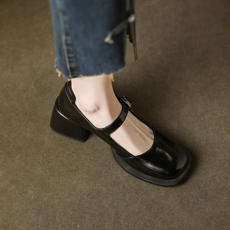 Autumn Elegant Ladies Pumps Fashion One-line Buckle Ladies Square Heels Women Shallow Party Shoes High Heels Shoes Round Toe