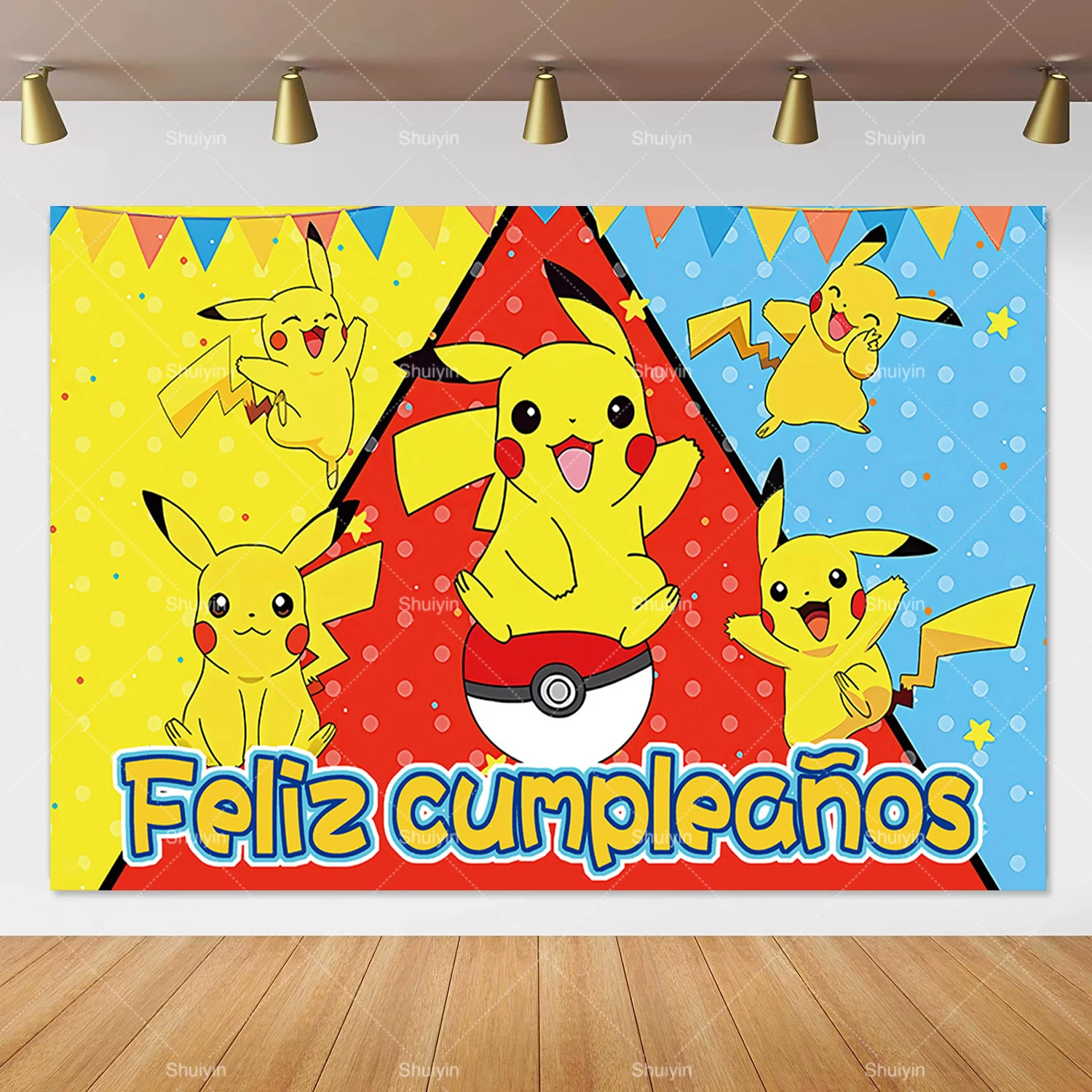רקע ליום ההולדת של פוקימון בסגנון קרטון לילדים בנים, דקורציה למסיבת יומולדת פיקאצ'ו, דגל רקע למתנות למסיבת תינוקות, אביזרים לתמונות