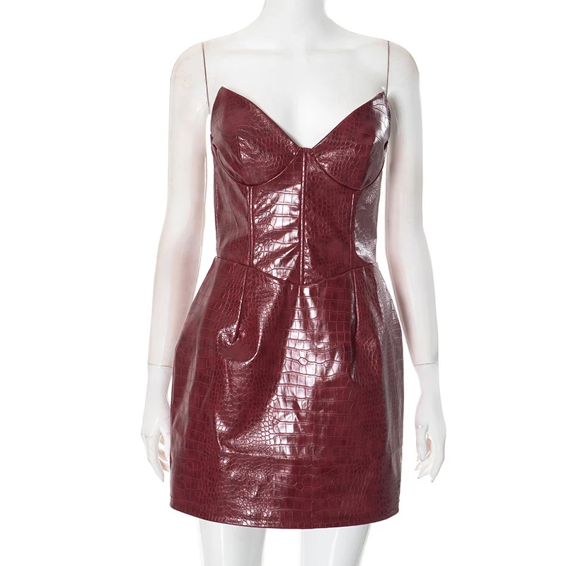 Vestido mini sexy de cuero burdeos sin tirantes para mujer, espalda descubierta, cintura alta, paquete de cadera, vestidos femeninos de verano 2025, ropa de club Y2K ajustada
